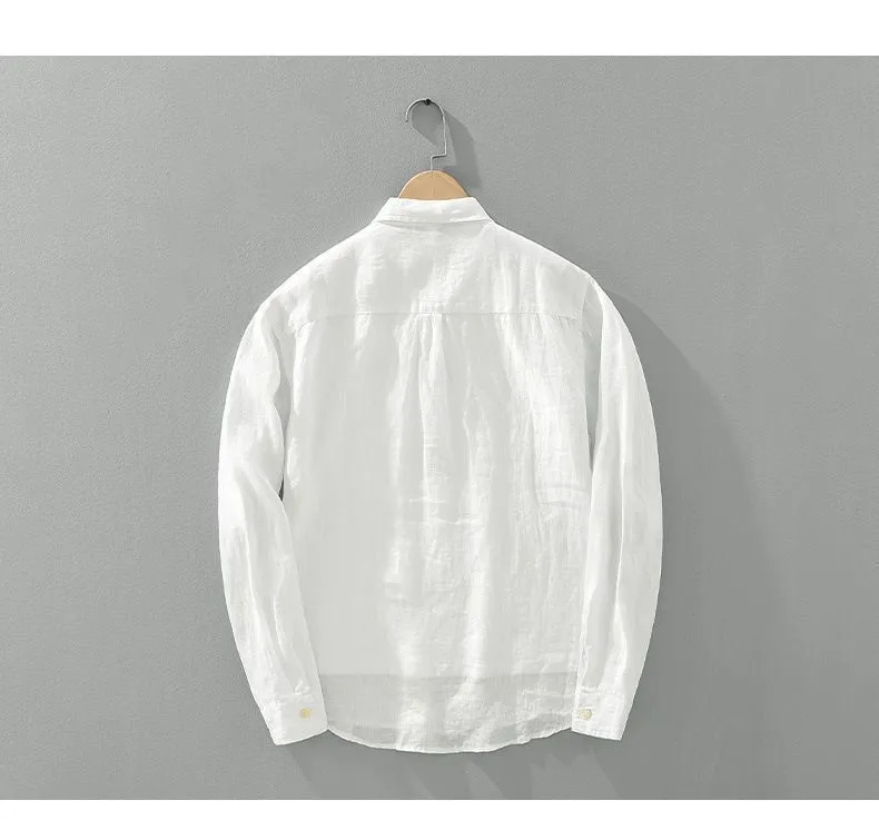 Men's Loose Long Sleeve Linen Shirt with Contrast Collar and Square Neck