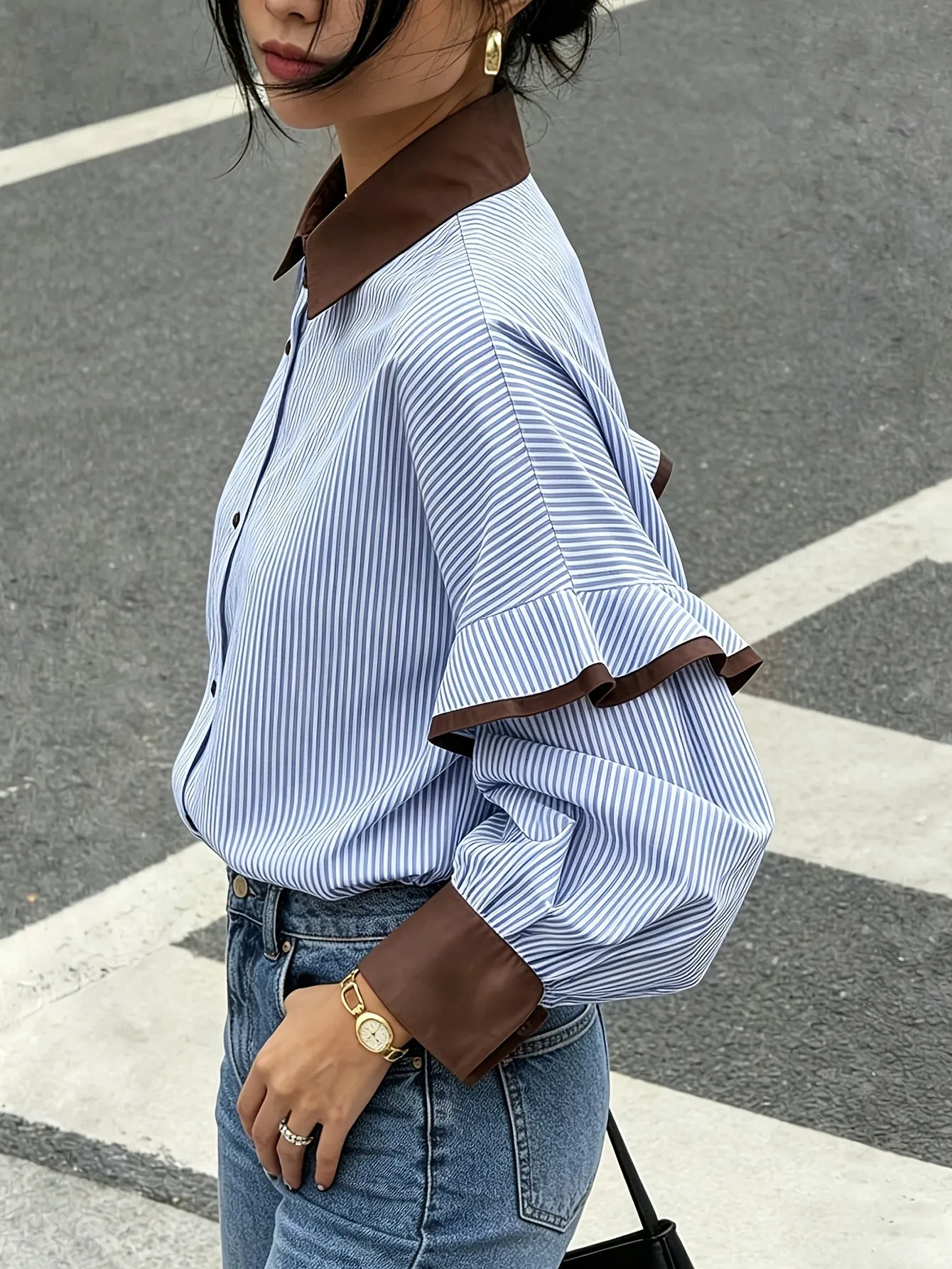 Preppy Style Stripe Long Sleeve Women's Shirt in Loose Fit, Made with Polyester Fabric