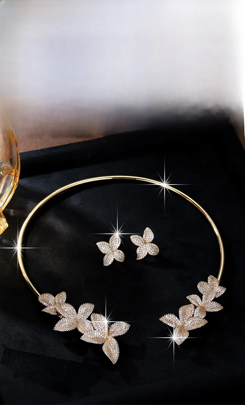 Women’s Flowers Jewelry Set in Electroplated Copper with Zircon Inlay, Elegant Design Featuring Floral Motifs
