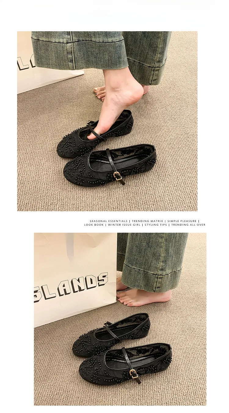 Solid Color Women Mary Jane Shoes with Rubber Sole and Flat Heel Featuring Mesh Upper in Casual Style