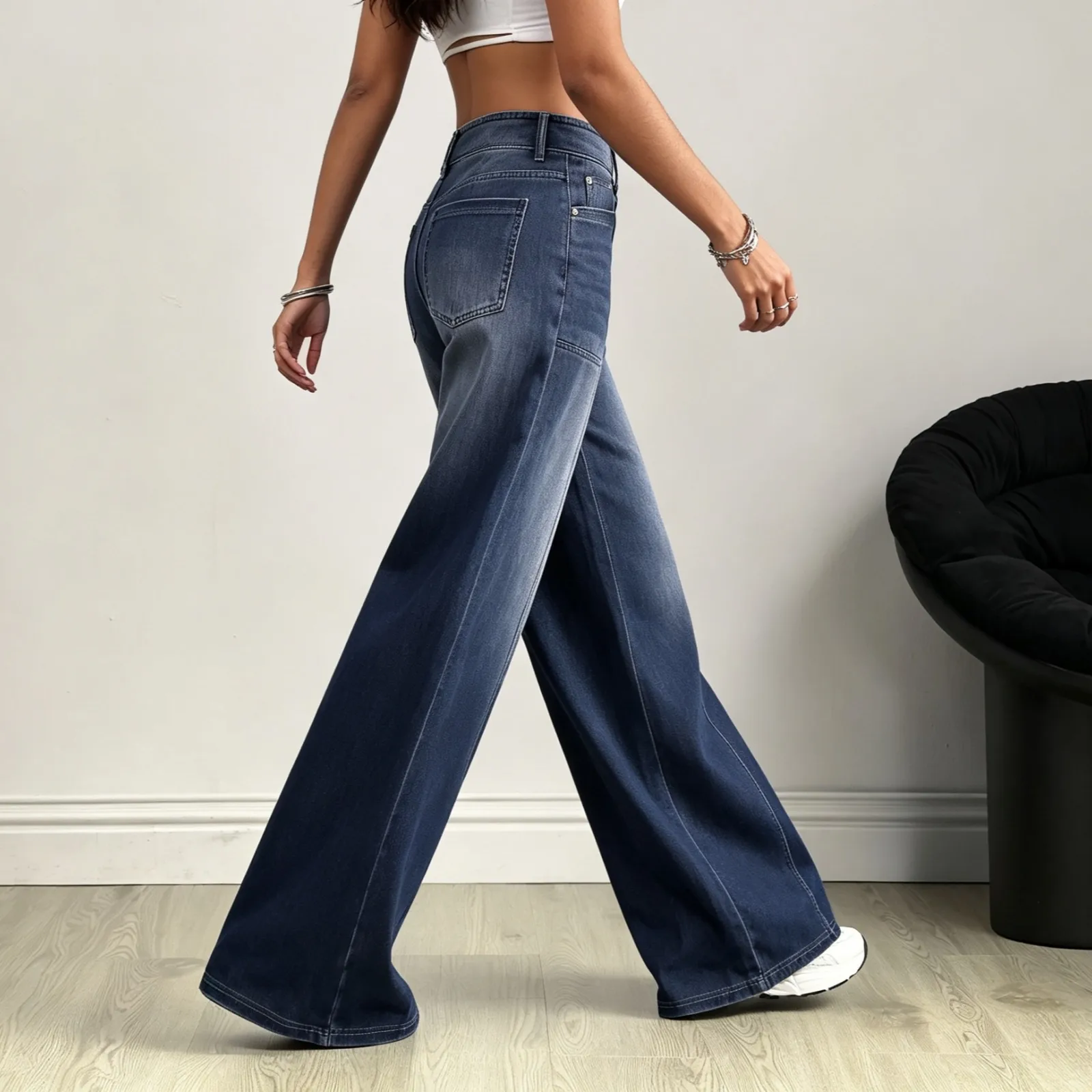 Solid Color Wide Leg Full Length Denim Cotton Pants for Streetwear with Patchwork Design