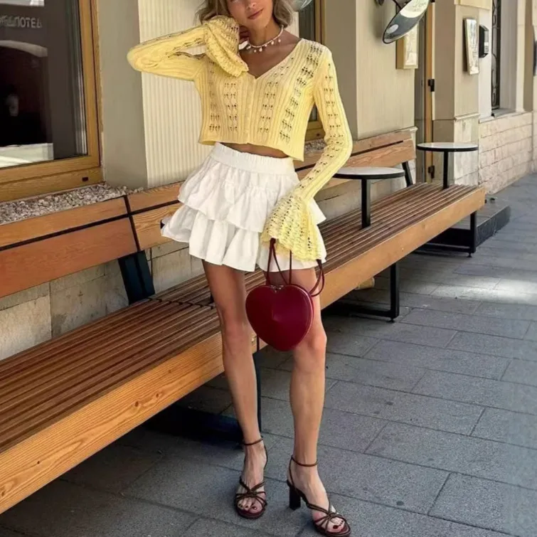 Sexy Solid Color Long Sleeve Knit Top Featuring Hollow Out Craft with Placket