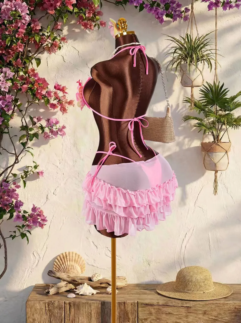 Women's Flowers Three-Piece Swimwear Set Featuring Natural Pink Tie Closure Split Swimsuit with Printed Polyester Fabric