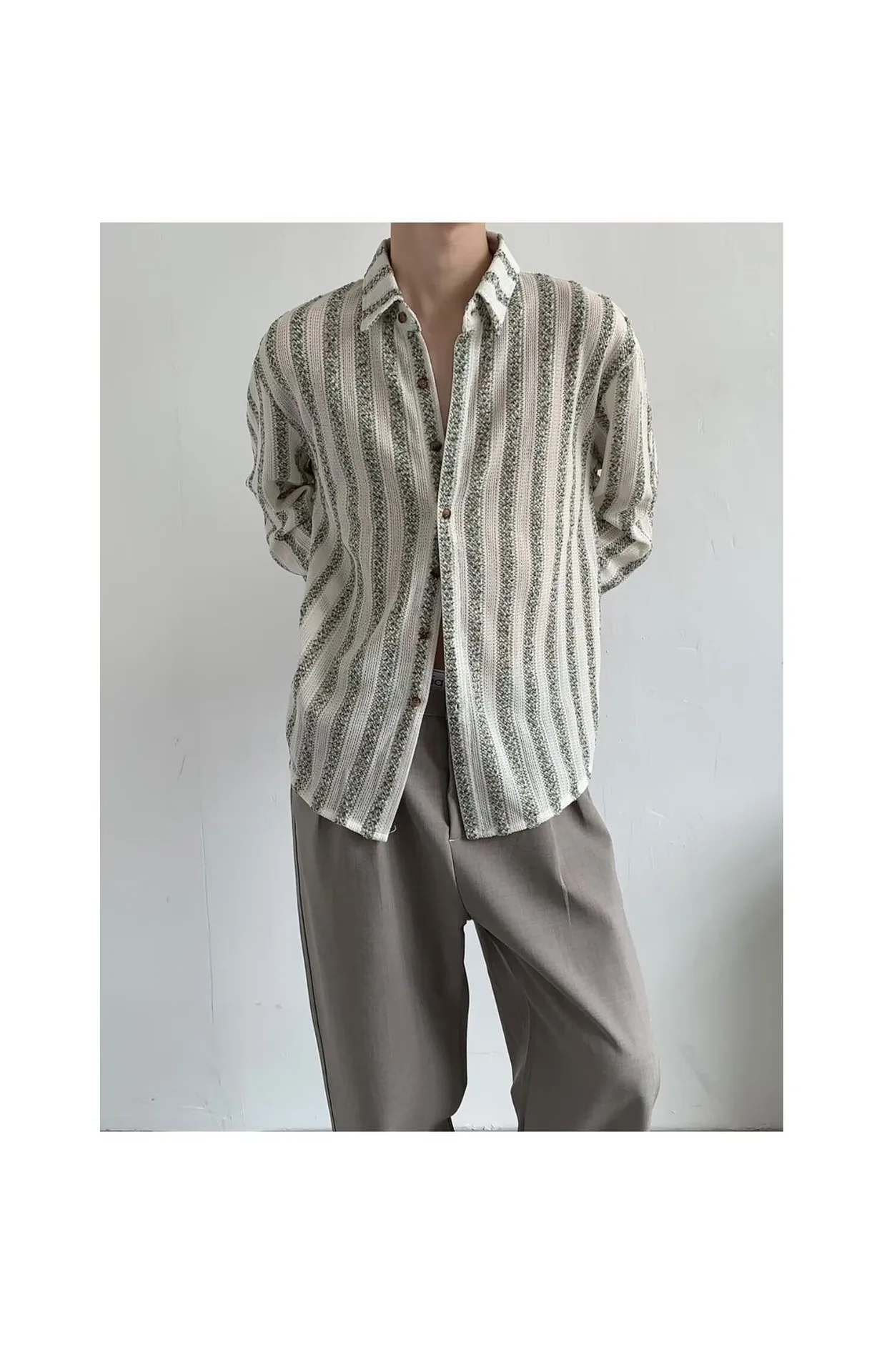 Ethnic Style Stripe Long Sleeve Men's Shirt in Polyester with Hollow Out Craft and Lapel Collar