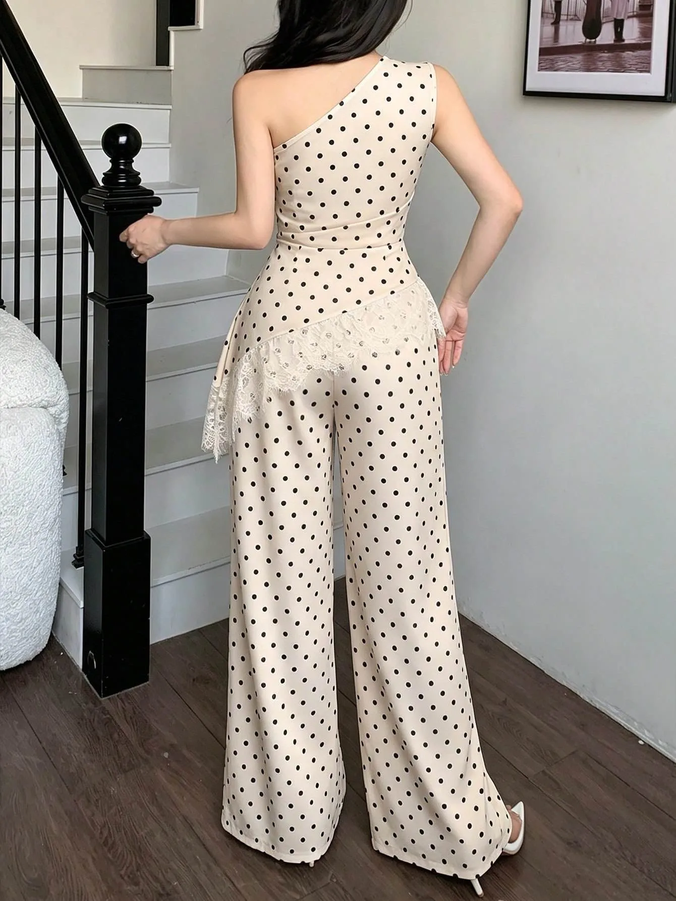Elegant Polka Dots Pant Co-ord Set with Wide Leg Pants in Polyester featuring Lace Craftsmanship for Casual Wear