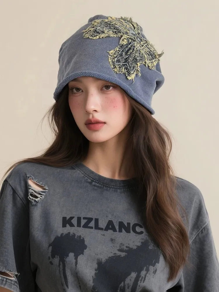 Retro Butterfly Breathable Brimless Beanie Hat for Women in Polyester with Appliques