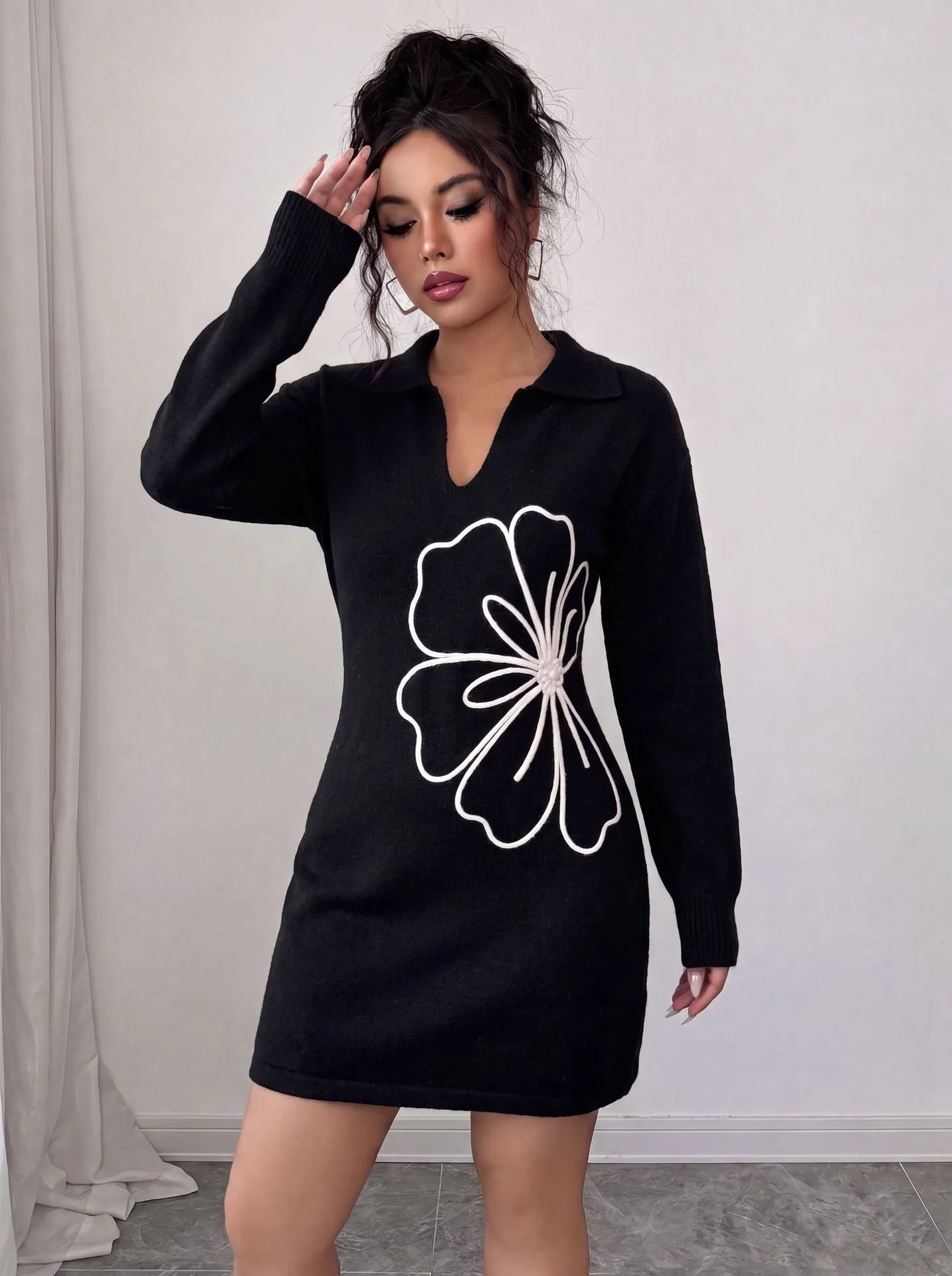 Casual Flowers Sheath Dress with Long Sleeve and Shirt Collar in Knit Fabric for Business