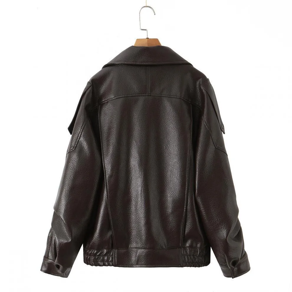 Streetwear Women's PU Leather Jacket with Zipper Placket Lapel Collar Long Sleeve