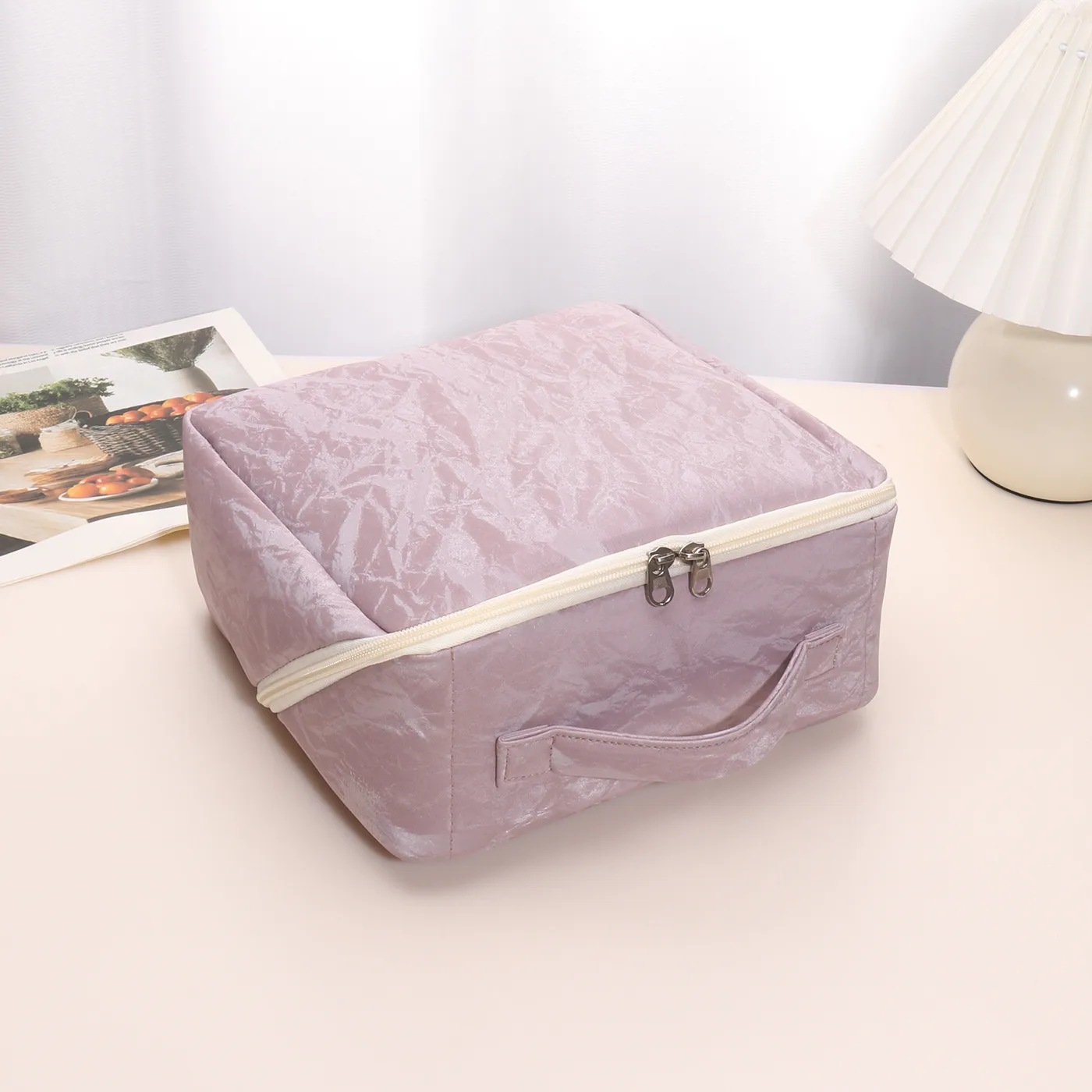 Solid Color PU Leather Cosmetic Bag for Women with Top Handle, Waterproof Design