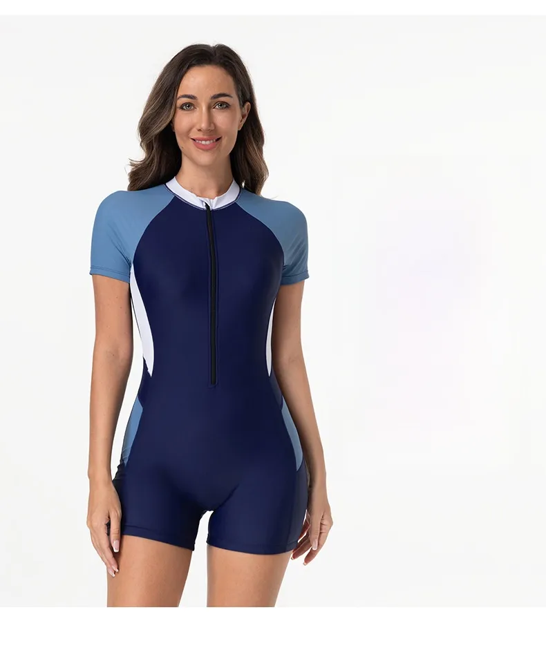 Women's Nylon Polyester One-Piece Swimsuit with Zipper for Swimming