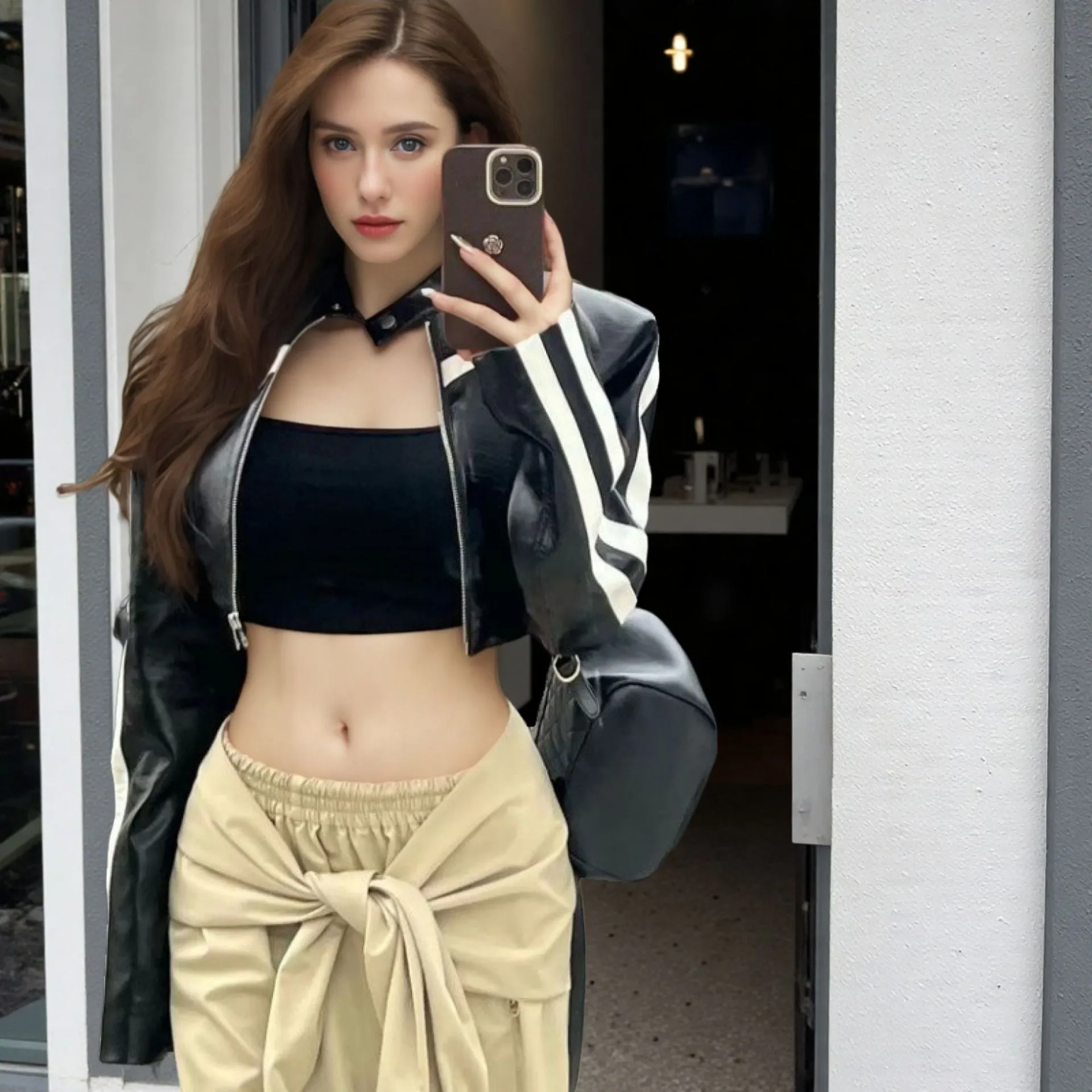 Vintage Style Color Block Leather Jacket for Women in PU Fabric with Zipper Closure