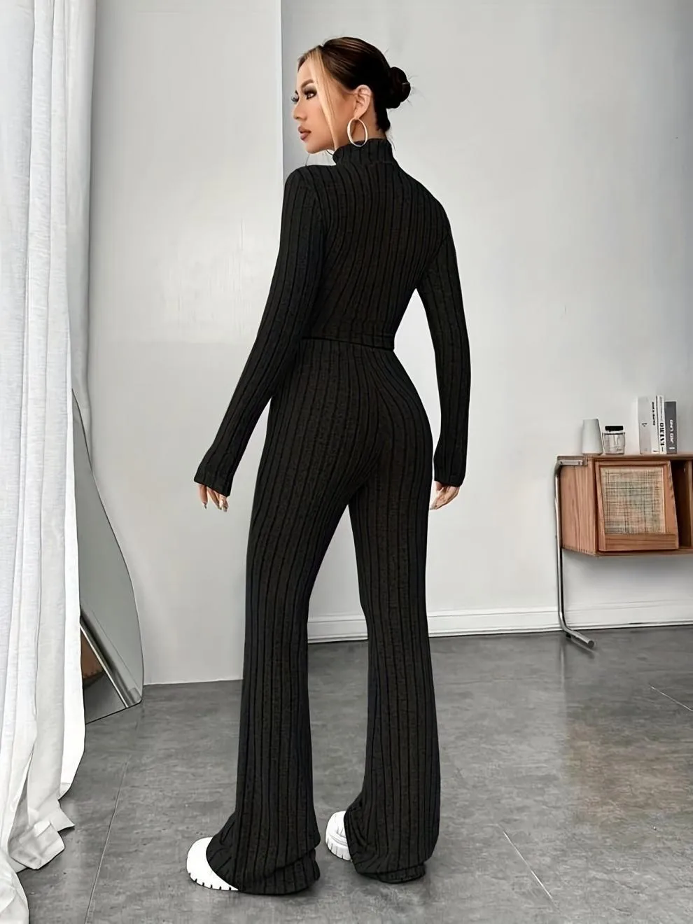 Women’s Stripe Pant Co-ord Set in Polyester with Turtleneck, Streetwear Style for Daily Wear, 2 Pieces Set