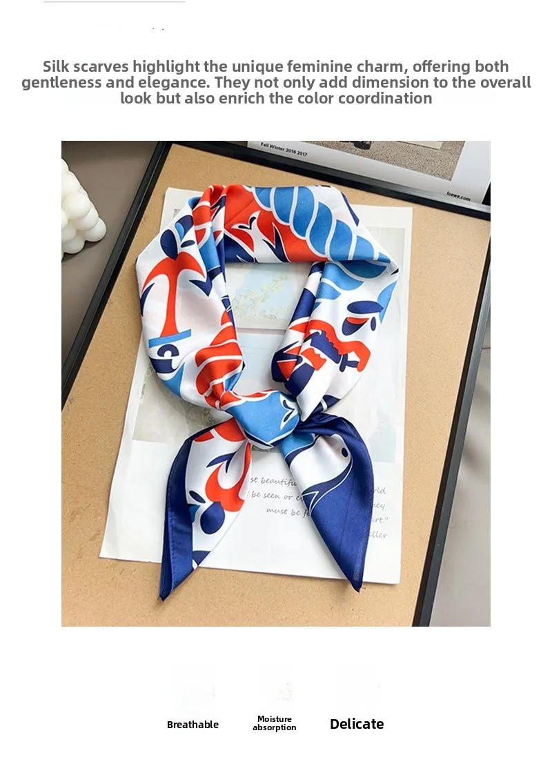 Women’s Streetwear Polyester Silk Scarf Featuring Fish Pattern in Blue, Perfect for Summer