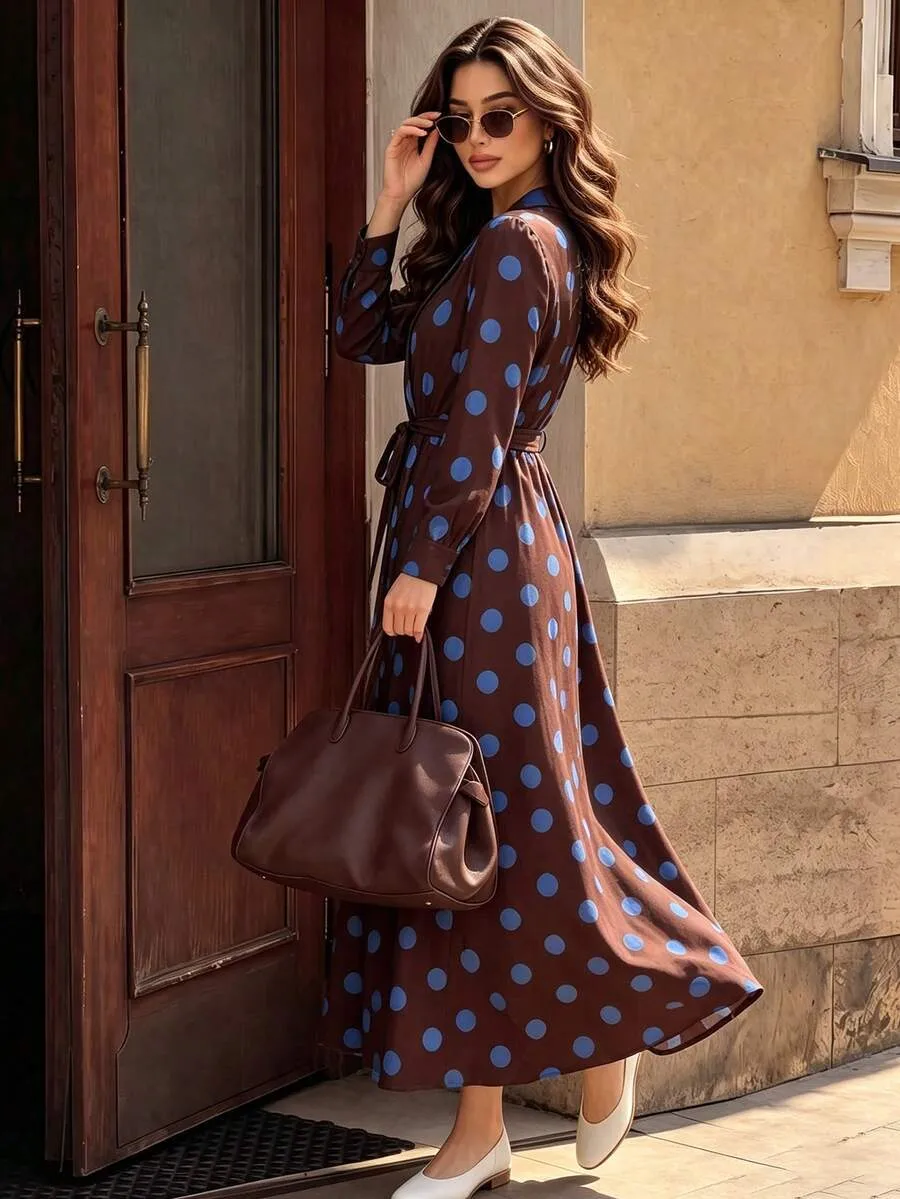 Elegant Polka Dot Dress with V Neck and Long Sleeve, Polyester Maxi Long Dress