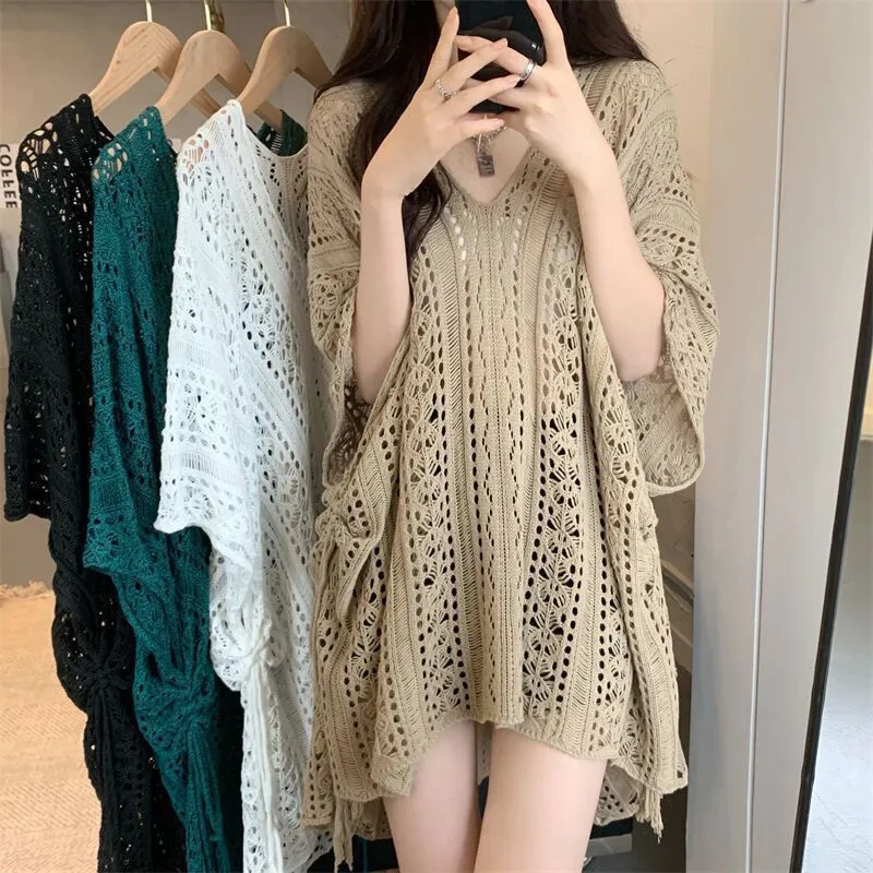 Loose V Neck Batwing Sleeve Solid Color Pullover Sweater for Women