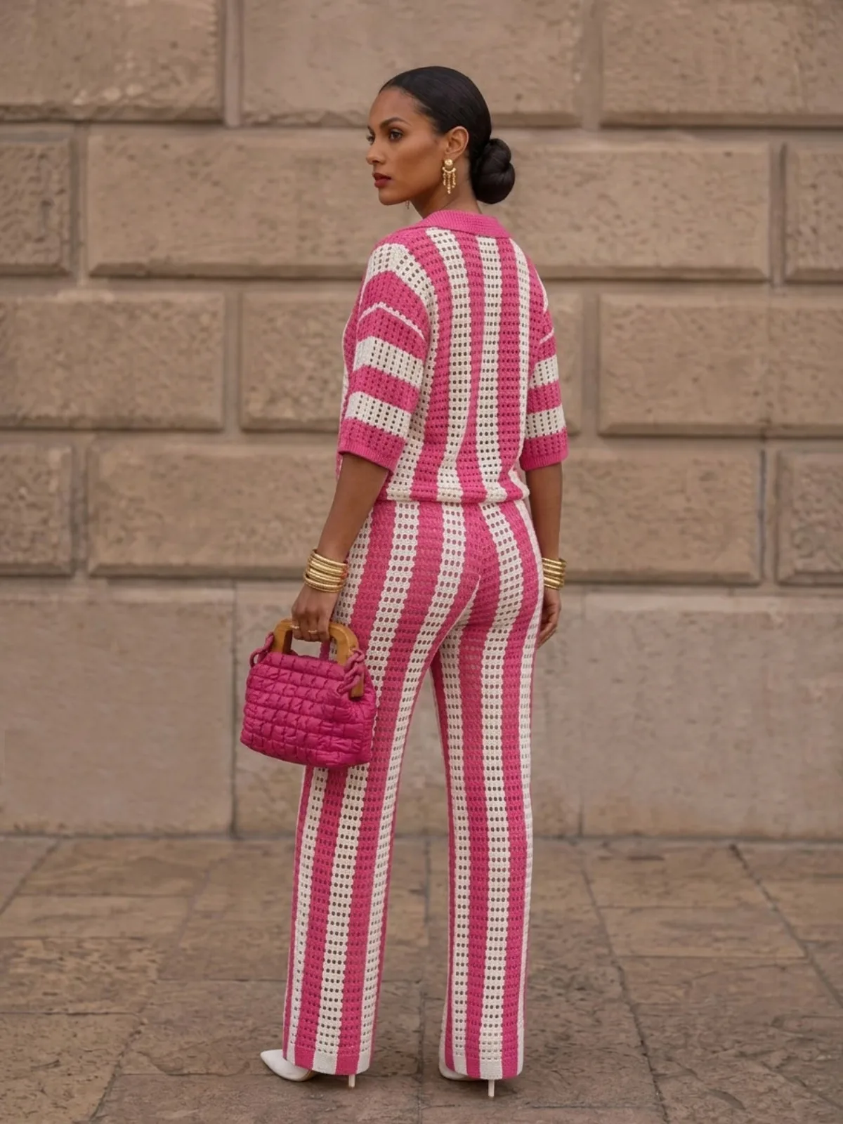 Casual Stripe Wide Leg Pants Pant Co-ord Set in Polyester with Knitted Craft, 2 Pieces Set Featuring V Neck