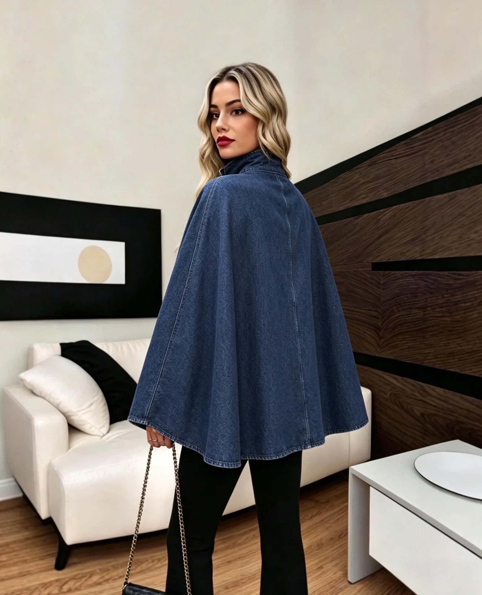 Solid Color Denim Coat for Women with Vintage Style Featuring Batwing Sleeves and Standing Collar