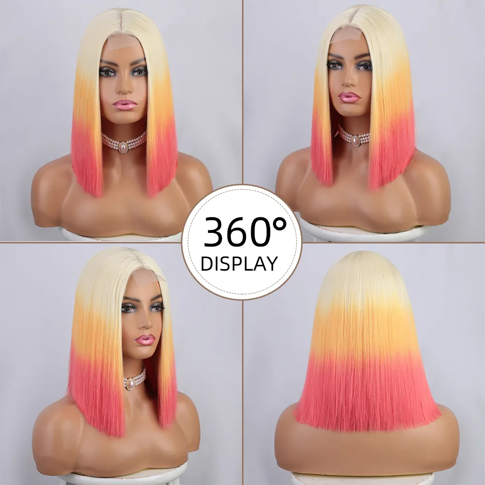 Women's Short Straight Front Lace Wig with Gradient Color for Casual Home Use