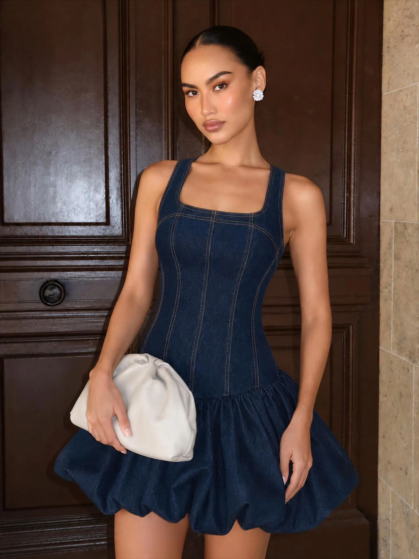 Solid Color Denim Dress Sleeveless Collarless Casual Above Knee Length
