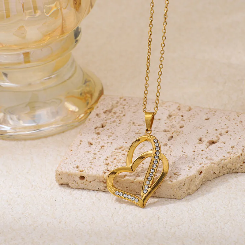 Heart Shape Pendant Necklace For Women in 304 Stainless Steel with 18K Real Gold Plated Coating 0.03µm and Rhinestones on Cable Chain