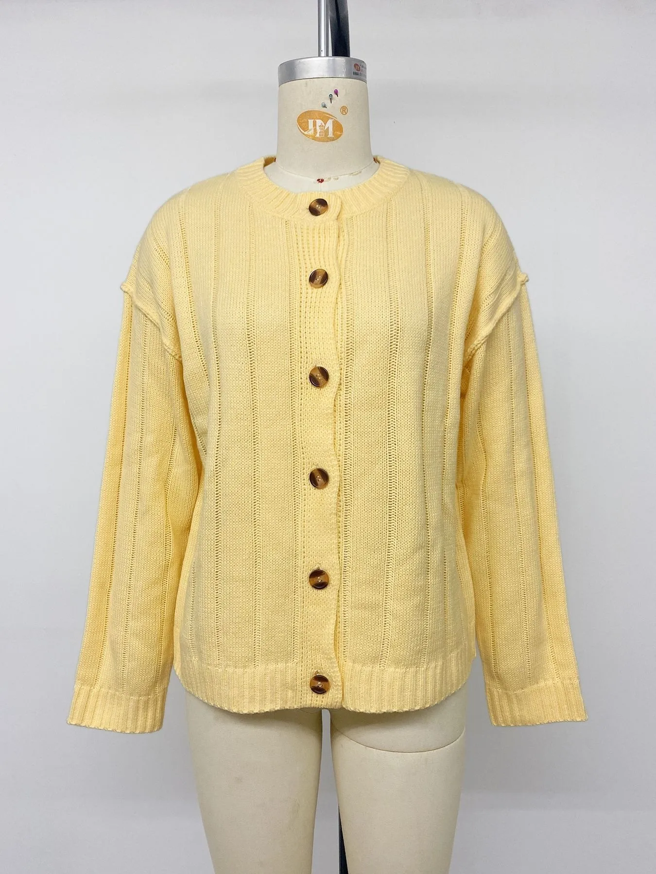 Solid Color Casual Acrylic Sweater with Long Sleeve Featuring Knitted Craft and Placket Design