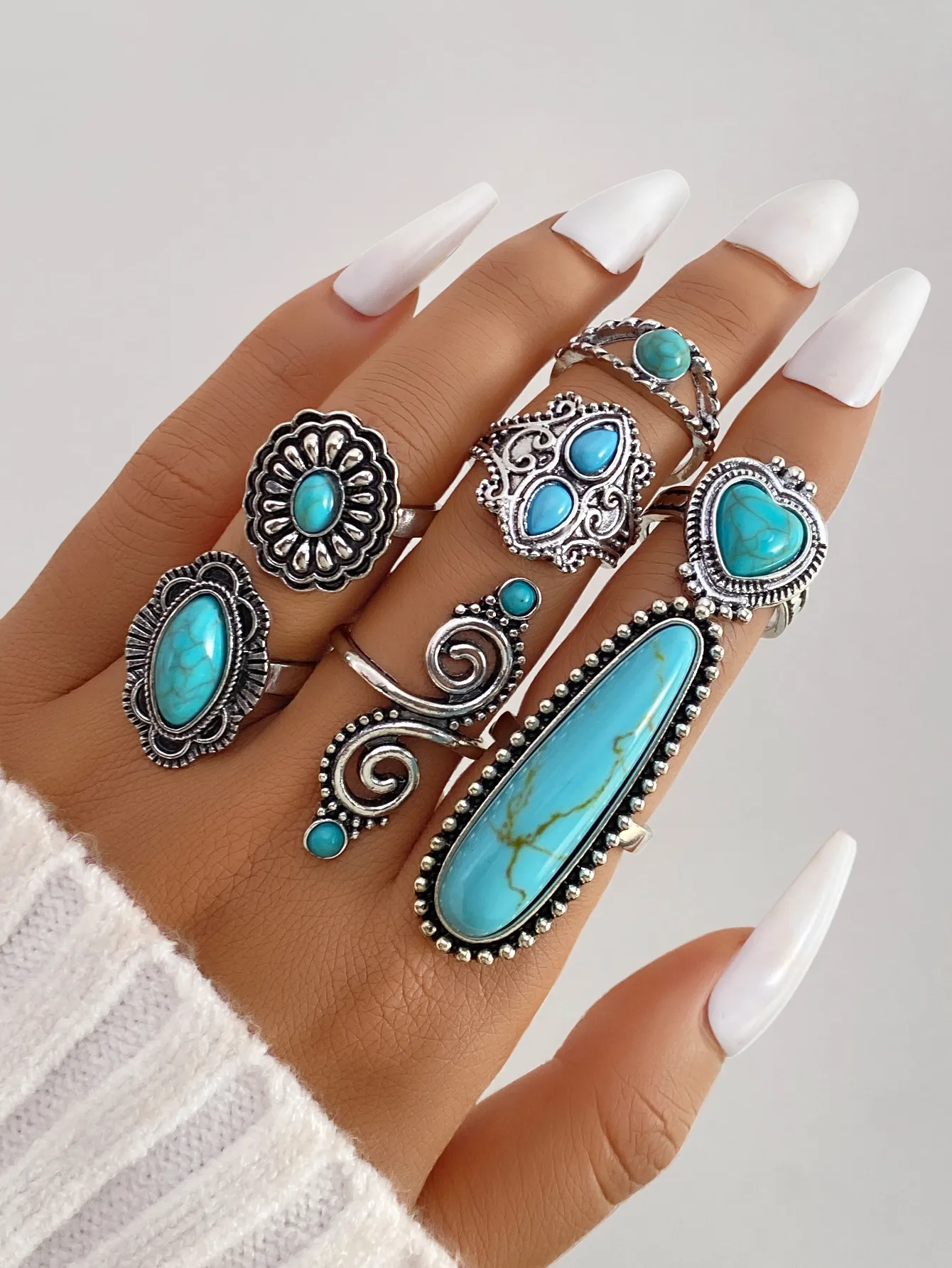 Vintage Bohemian Turquoise Heart Flower Ring for Women Alloy Plated Ethnic Jewelry