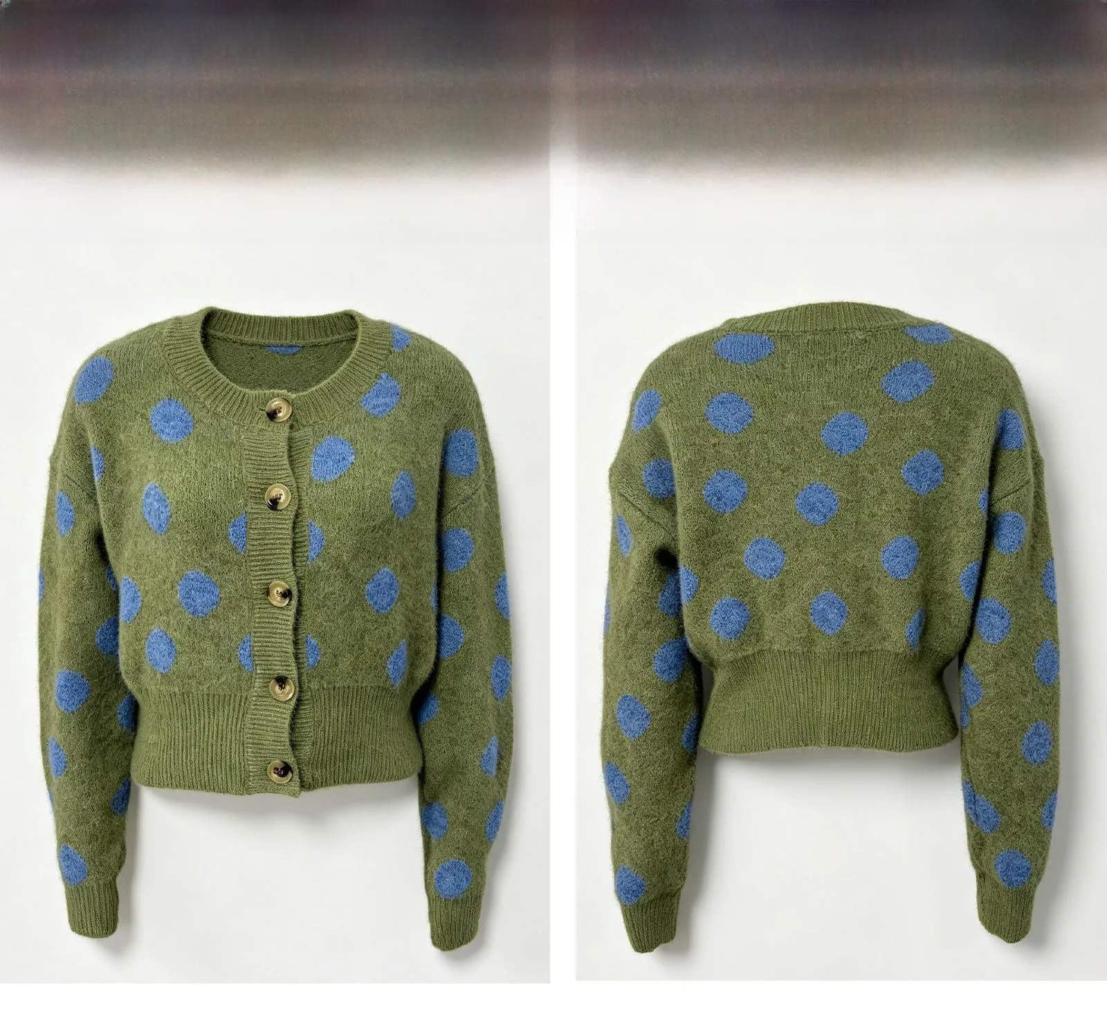 Vintage Style Polka Dots Sweater with Long Sleeve, Round Neck, Knitted in Imitation Mink Fleece