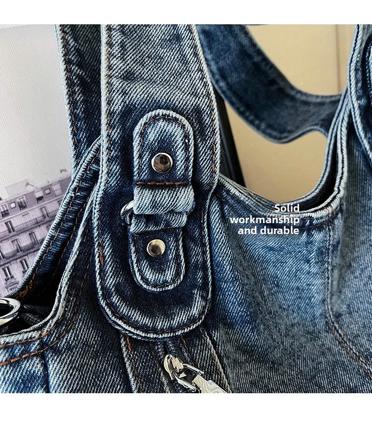 Women’s Square Denim Tote Bag with Sewing Thread Detail, Single Shoulder Strap, Perfect for Spring