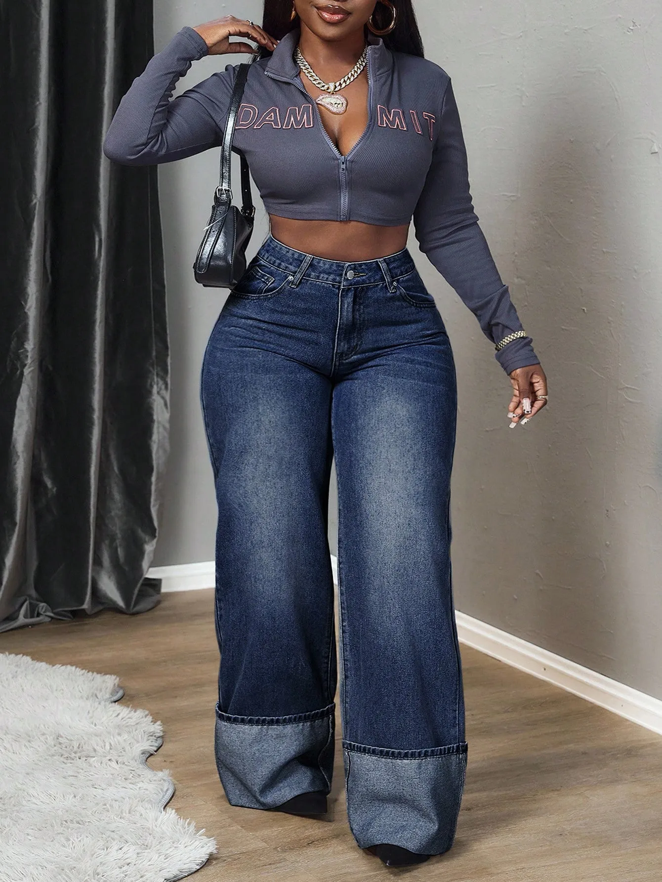 Slim Fit Full Length Women's Jeans in Denim Cotton Fabric with Washed Craftsmanship, Inelastic for Autumn
