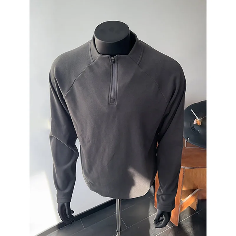 Loose Fit Solid Color Long Sleeve Pleated Cotton Blend T-Shirt for Men