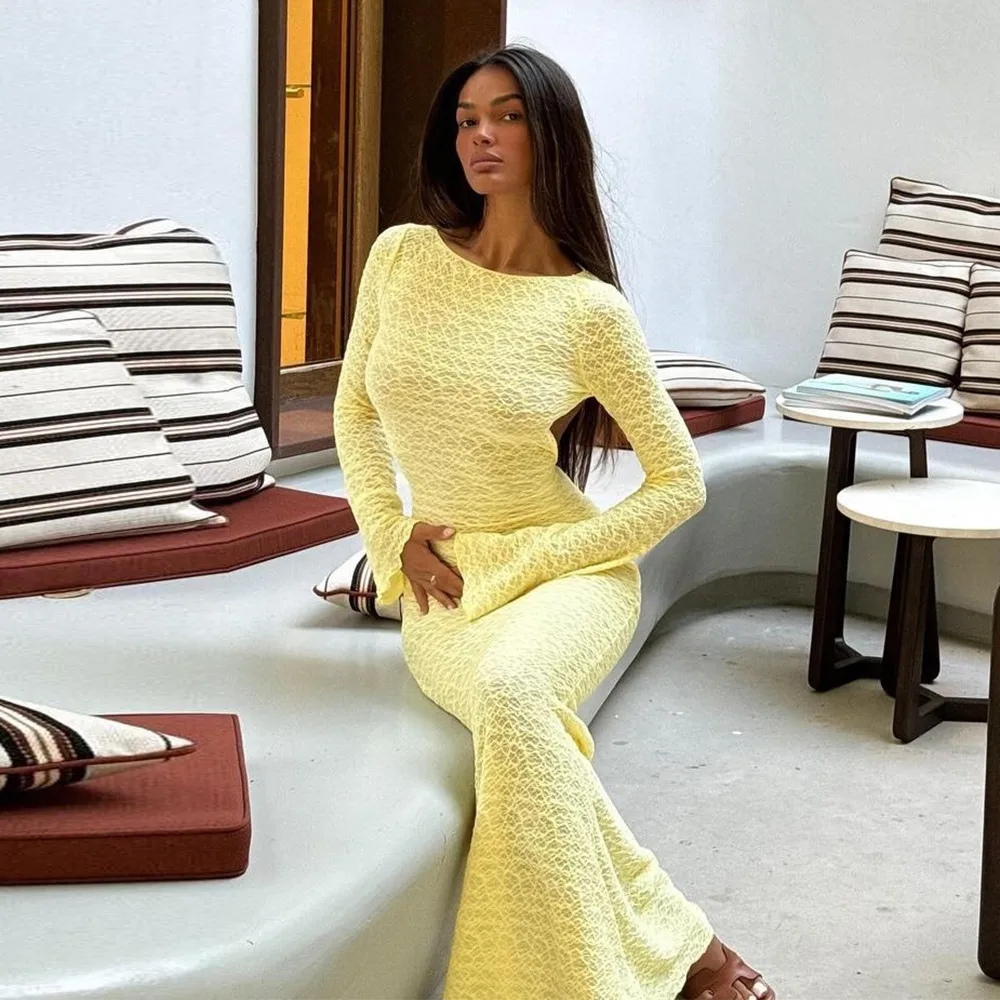 Solid Color Long Sleeve Sheath Dress with Round Neck in Polyester Spandex, Casual Maxi Long Dress