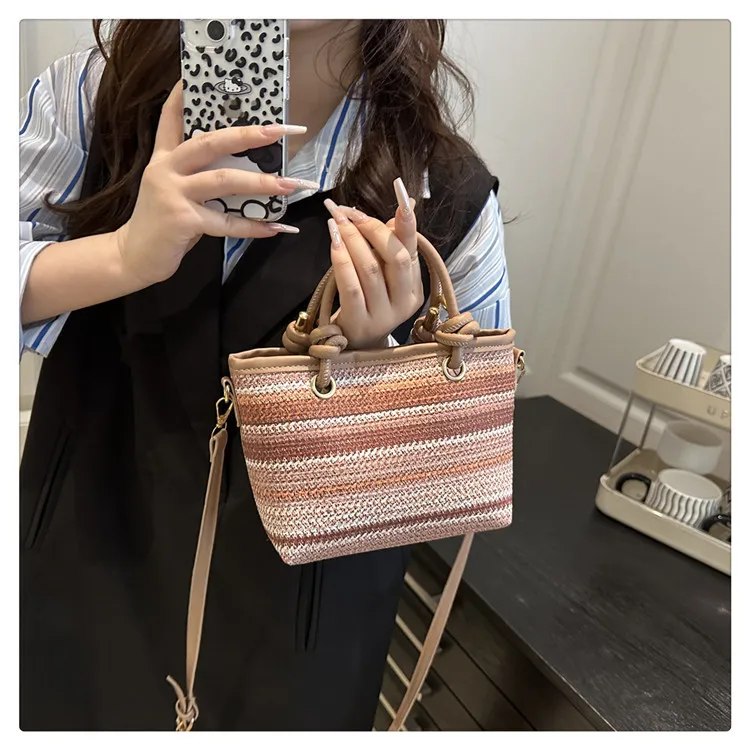 Small Straw Bucket Bag with Zipper and Braid Detail