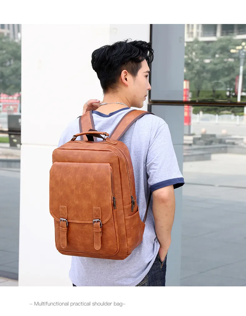Solid Color PU Laptop Backpack with Breathable Design, 16 Inch Casual Backpack