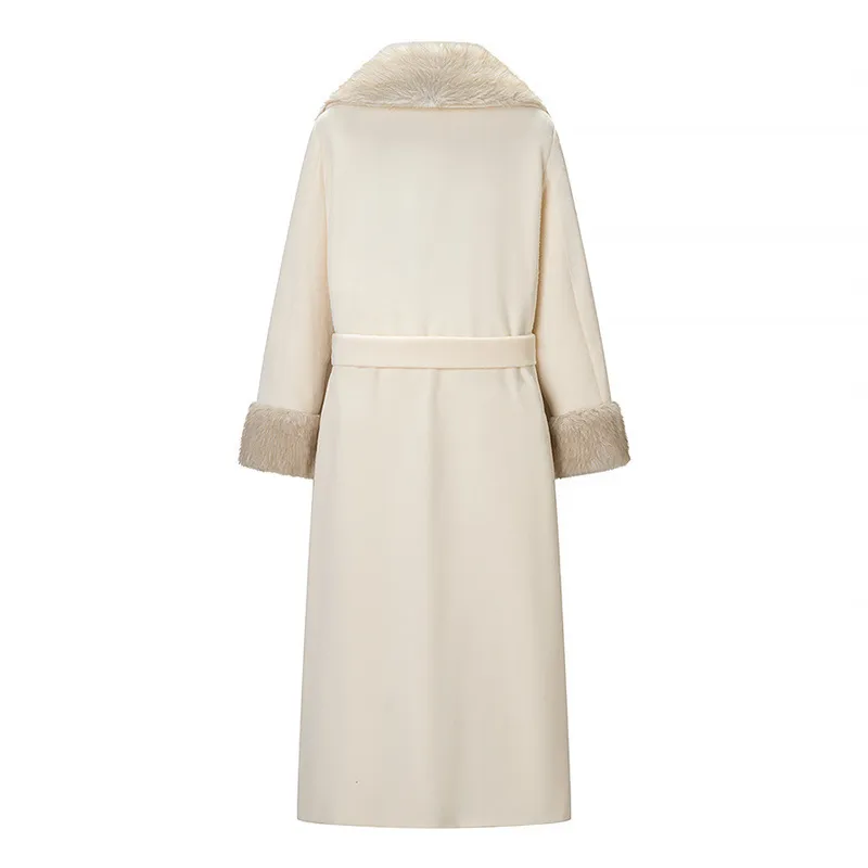 Elegant Women's Woolen Coat with Tie Placket Featuring Polyester Fabric and Functional Pocket