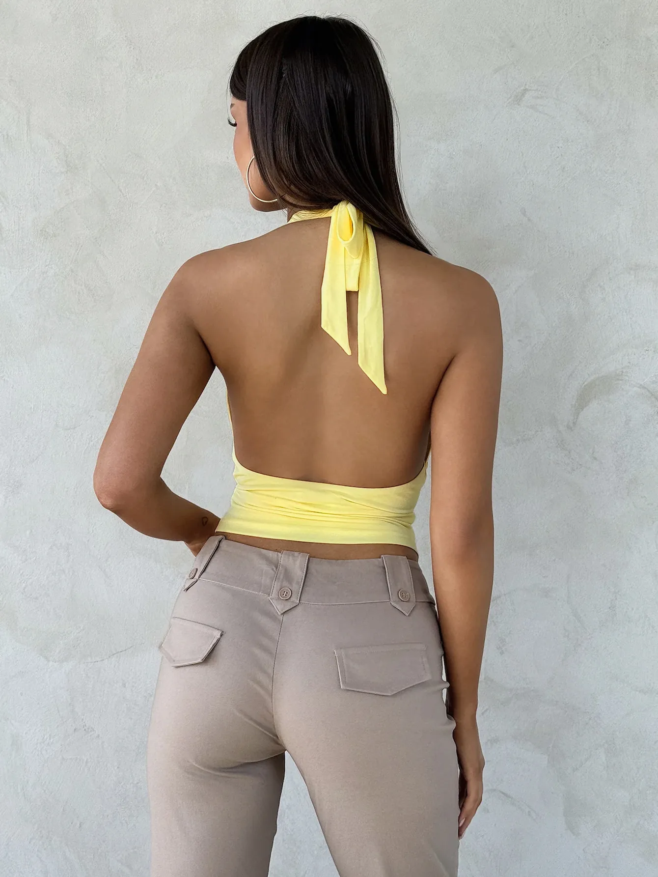 Sexy Solid Color Polyester Camisole with Metal Craft Featuring Halter Neck Style