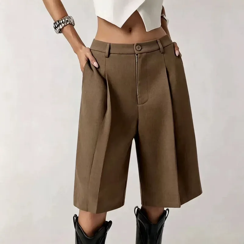 Solid Color Knee Length Dress Pants in Simple Style for Casual Wear, Made with Polyester Fabric Featuring Pocket Design