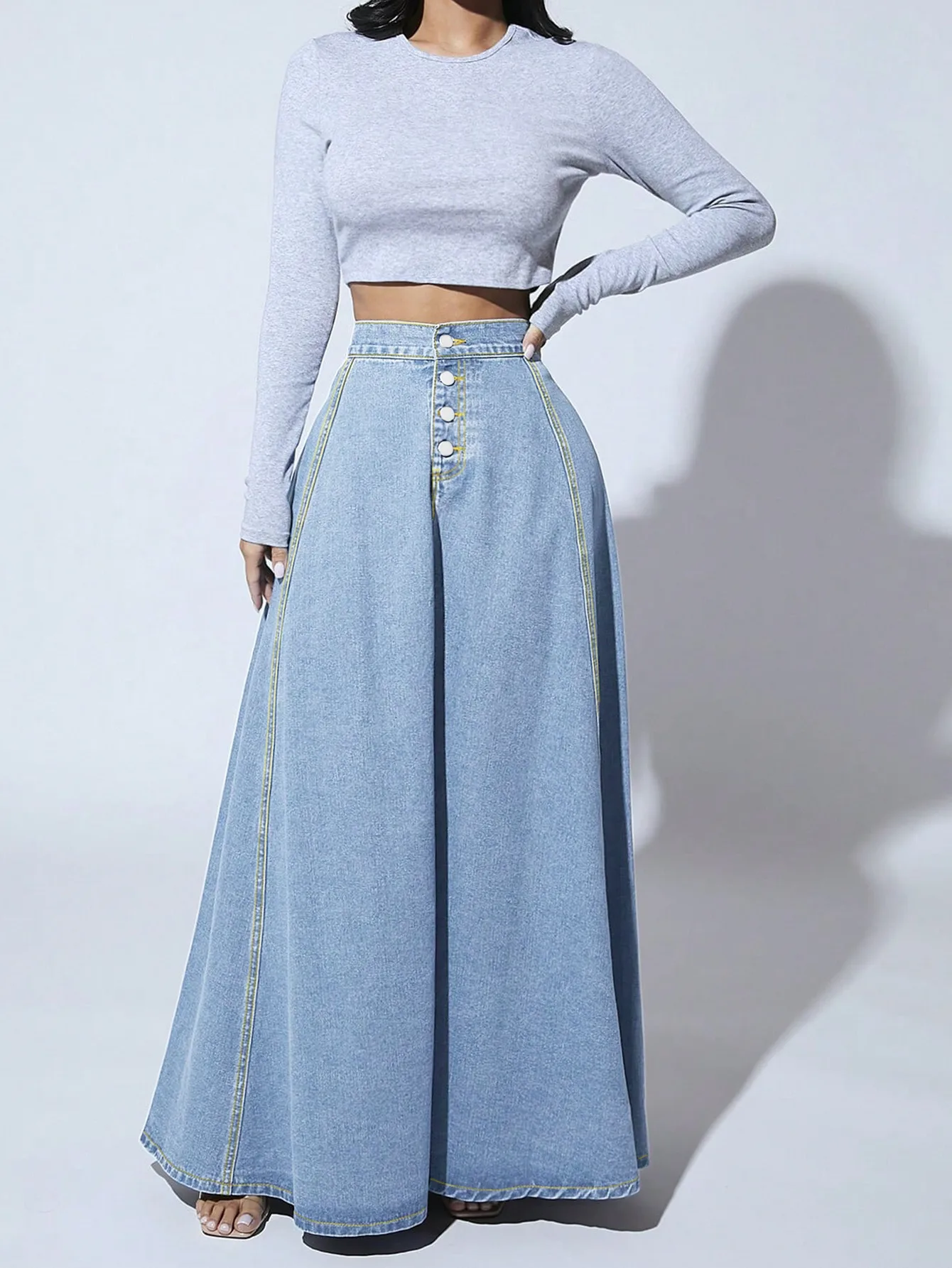 Vintage Style Solid Color Denim Cotton A-Line Skirt with Front Button in Regular Fit for Spring