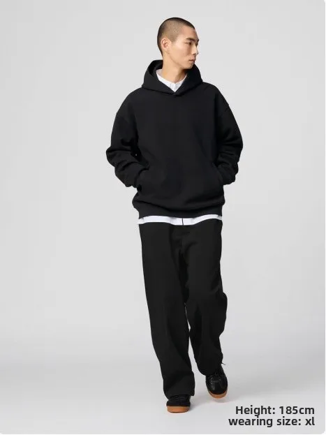 Men's Casual Solid Color Dyed Black Long Sleeve Polyester Hoodie with Multiple Pockets