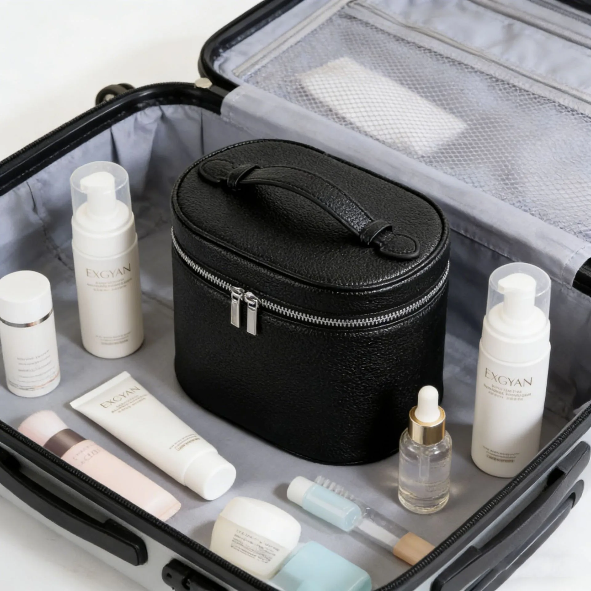 Solid Color PU Leather Cosmetic Bag for Women with Top Handle, Waterproof Design