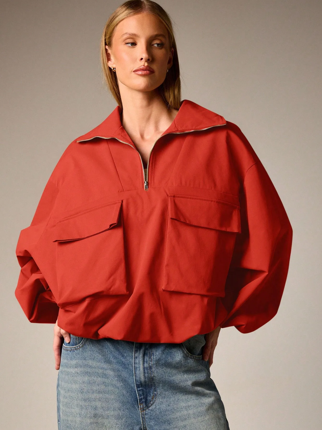 Casual Solid Color Coat Jacket with Half Placket, Made of Polyester Fabric Featuring Practical Pocket Design