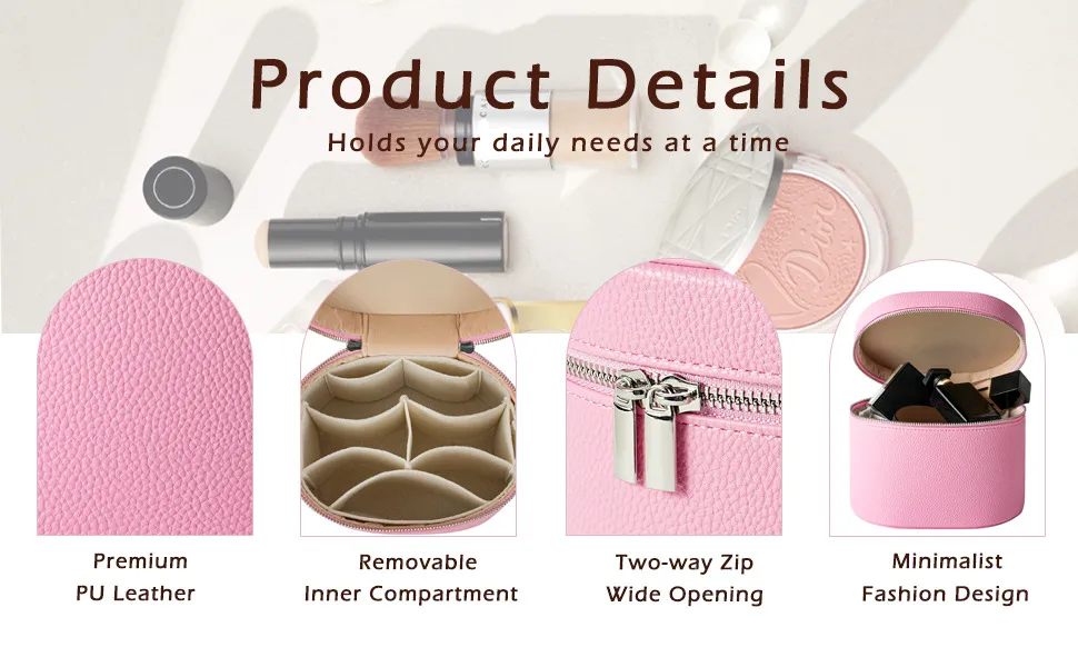 Solid Color PU Leather Cosmetic Bag for Women with Top Handle, Waterproof Design size guide