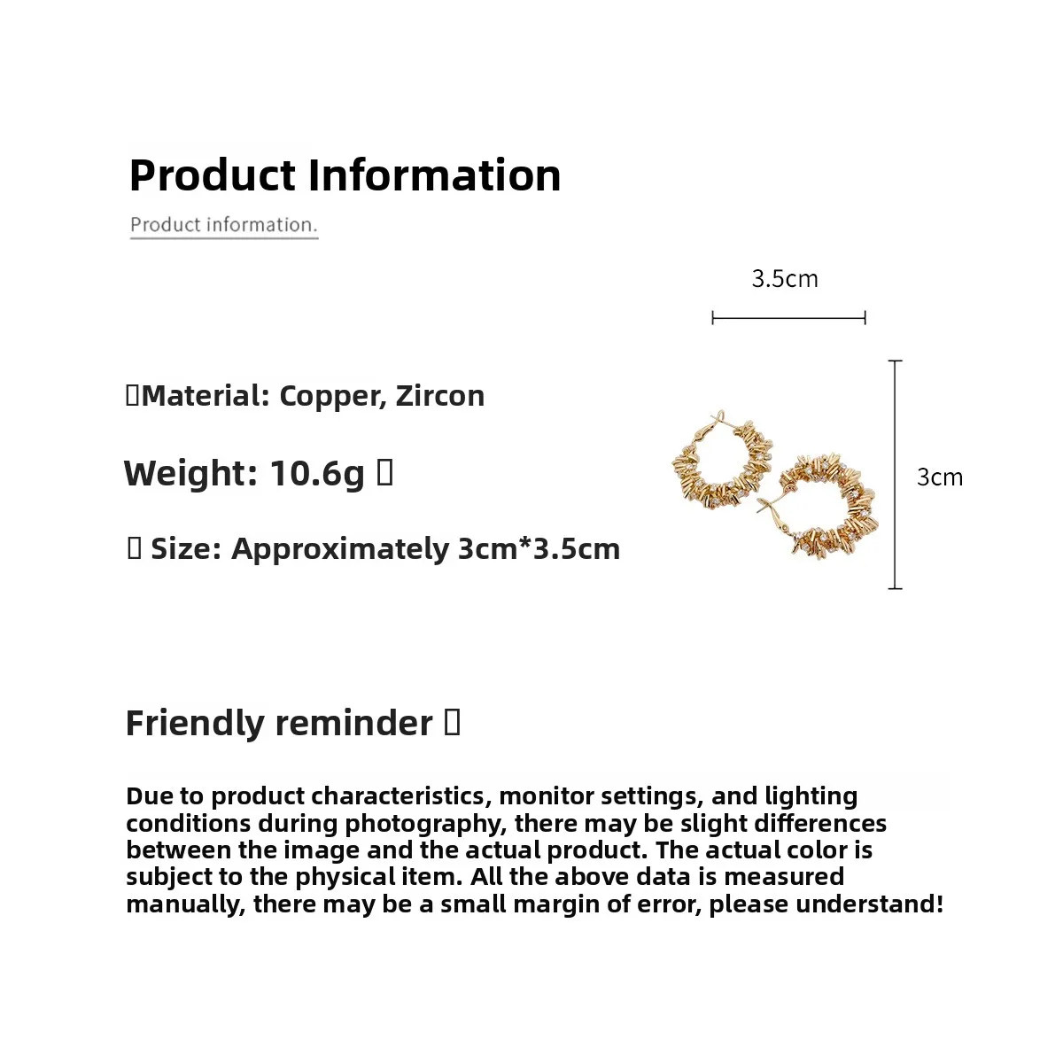 Round Gold Copper Earrings For Women Featuring Zircon Inlay and 304 Stainless Steel Stud Posts size guide