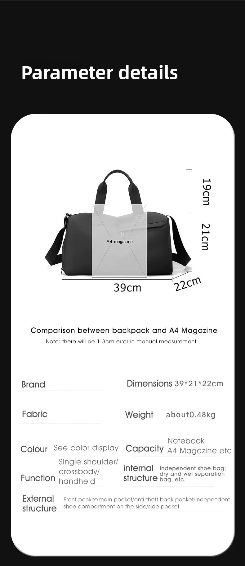 Unisex Solid Color Travel Bag in PU Leather with Water Resistant Feature and Stylish Sewing Thread Detail size guide
