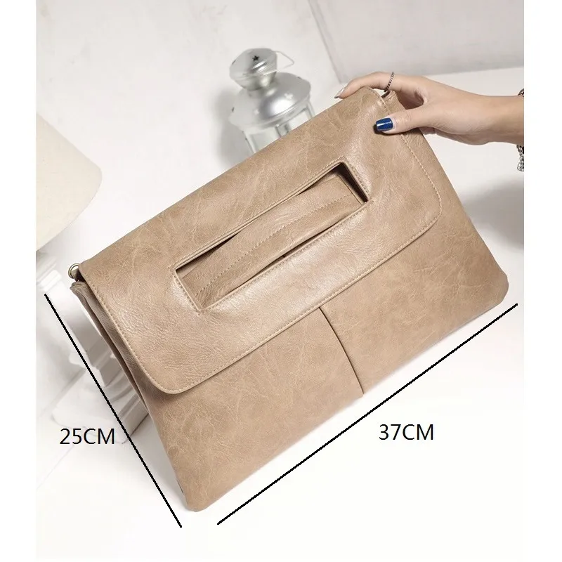 Classic Style Medium Solid Color PU Leather Unisex Envelope Bag with Magnetic Clasp Closure size guide