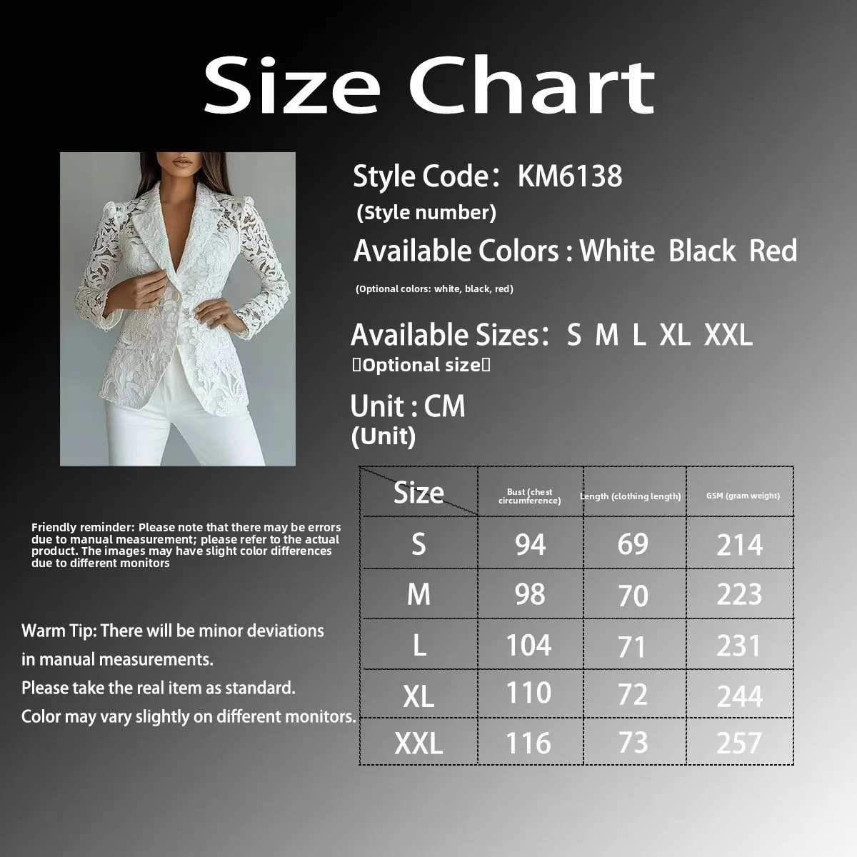 Elegant Lace Polyester Blazer with V Neck and Single Breasted Closure size guide