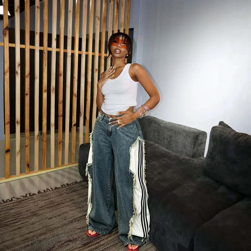 Stripe Full Length Denim Cotton Jeans for Women in Streetwear Style with Raw Hem, Inelastic Fabric size guide