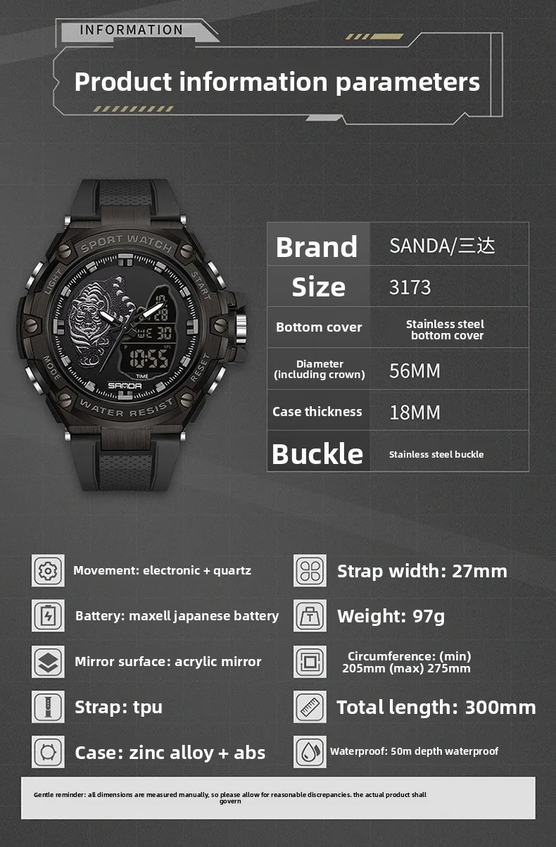 Men's Electronic Watch with Round Dial, Plastic Mirror, and Pointer+Number Display Featuring TPU Strap size guide