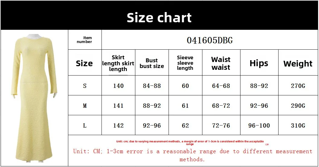 Solid Color Long Sleeve Sheath Dress with Round Neck in Polyester Spandex, Casual Maxi Long Dress size guide