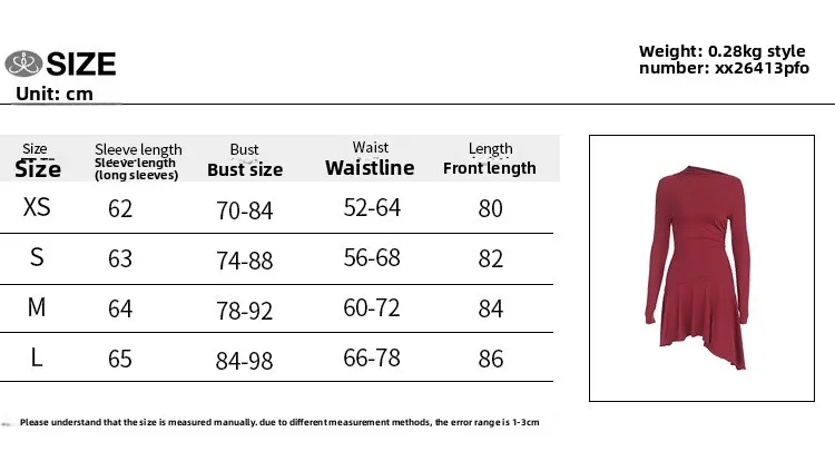 Solid Color Long Sleeve Turtleneck Sheath Dress in Polyester Fabric, Above Knee Length for Business size guide