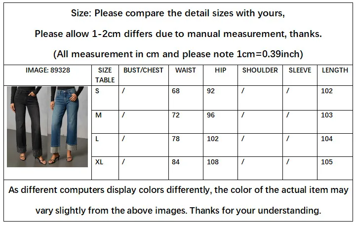 Solid Color Full Length Casual Jeans for Women in Denim Cotton Fabric with Washed Craftsmanship size guide